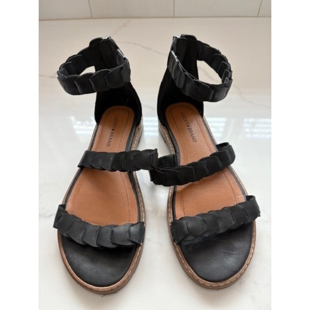 Lucky Brand Women's‎ Black Braided Gladiator Ankle Strap Zip Back Sandals